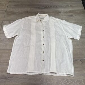 Tommy Bahama Shirt Mens XL White Linen Short Sleeve Button Front Pleated Casual